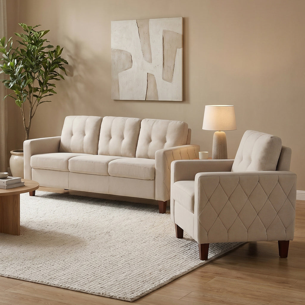 TYBOATLE 3 Piece Living Room Furniture Sets, 3 Seater Sofa and Chair Set, Cloud Couch Living Room Furniture Set, Beige Modern Sofa and Chair Set for Apartment, Home (Beige, 3+1)
