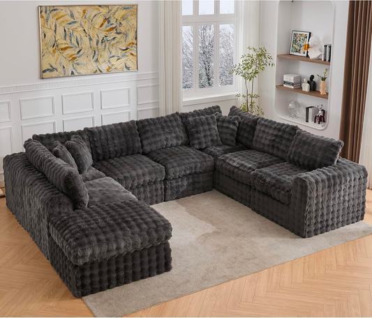 TYBOATLE 135’’ Boneless Slow-Rebound Memory Foam Couch, Cloud Sectional Couches for Living Room w/Upgraded Fabric, Deep Seat Comfy Fluffy U Shaped Modular Sectional Sofa w/Chaise (Grey, 8U)