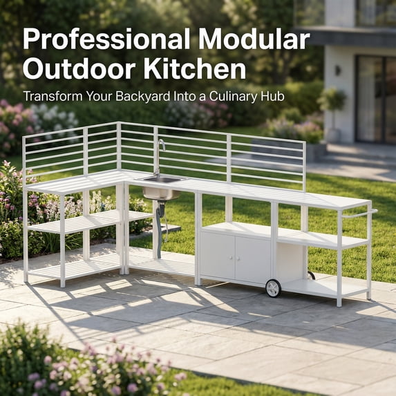 LAZZO Outdoor Modular Kitchen Island Grill Cart, Metal BBQ Prep Table with Storage Cabinet, Steel Sink, Faucet and Drainage System, White