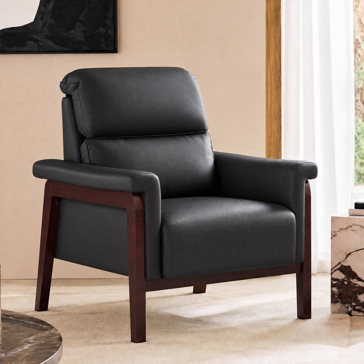 JIASTING Oversized Leather Accent Chair with Wooden Legs & High Backrest