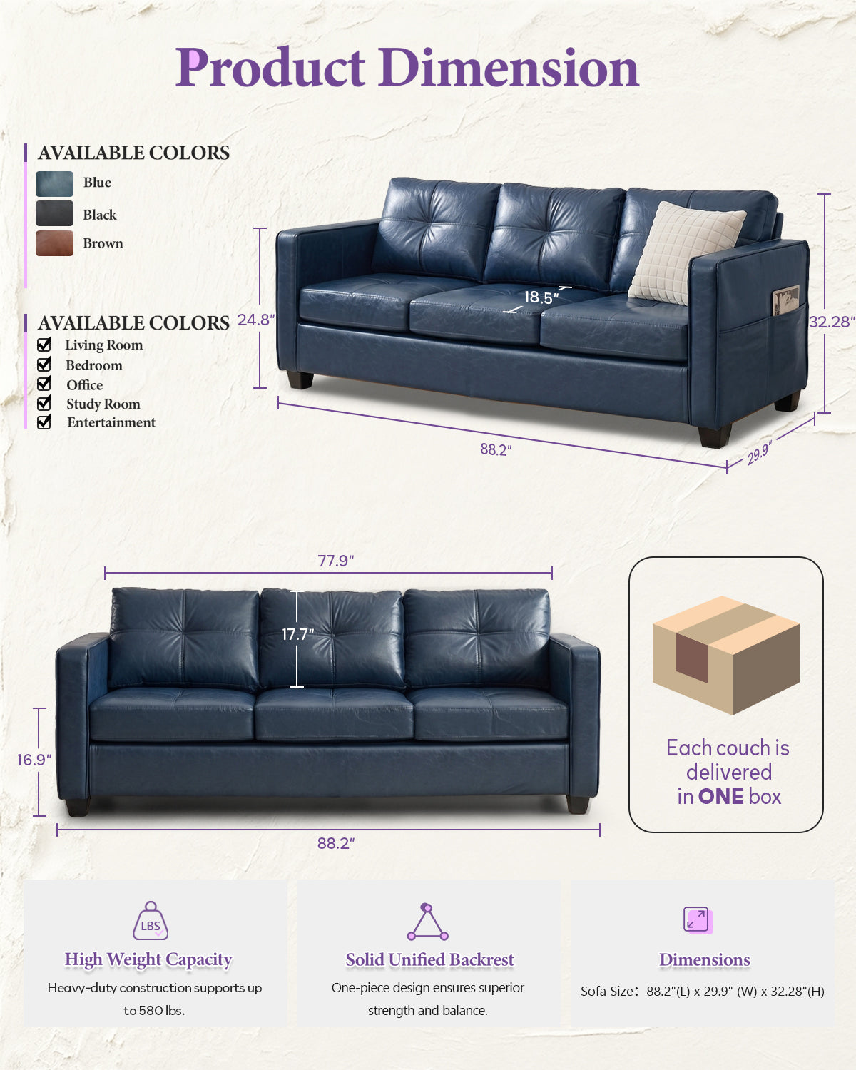 Faux Leather Blue Couch with USB, 3-Seater Sofa for Living Room