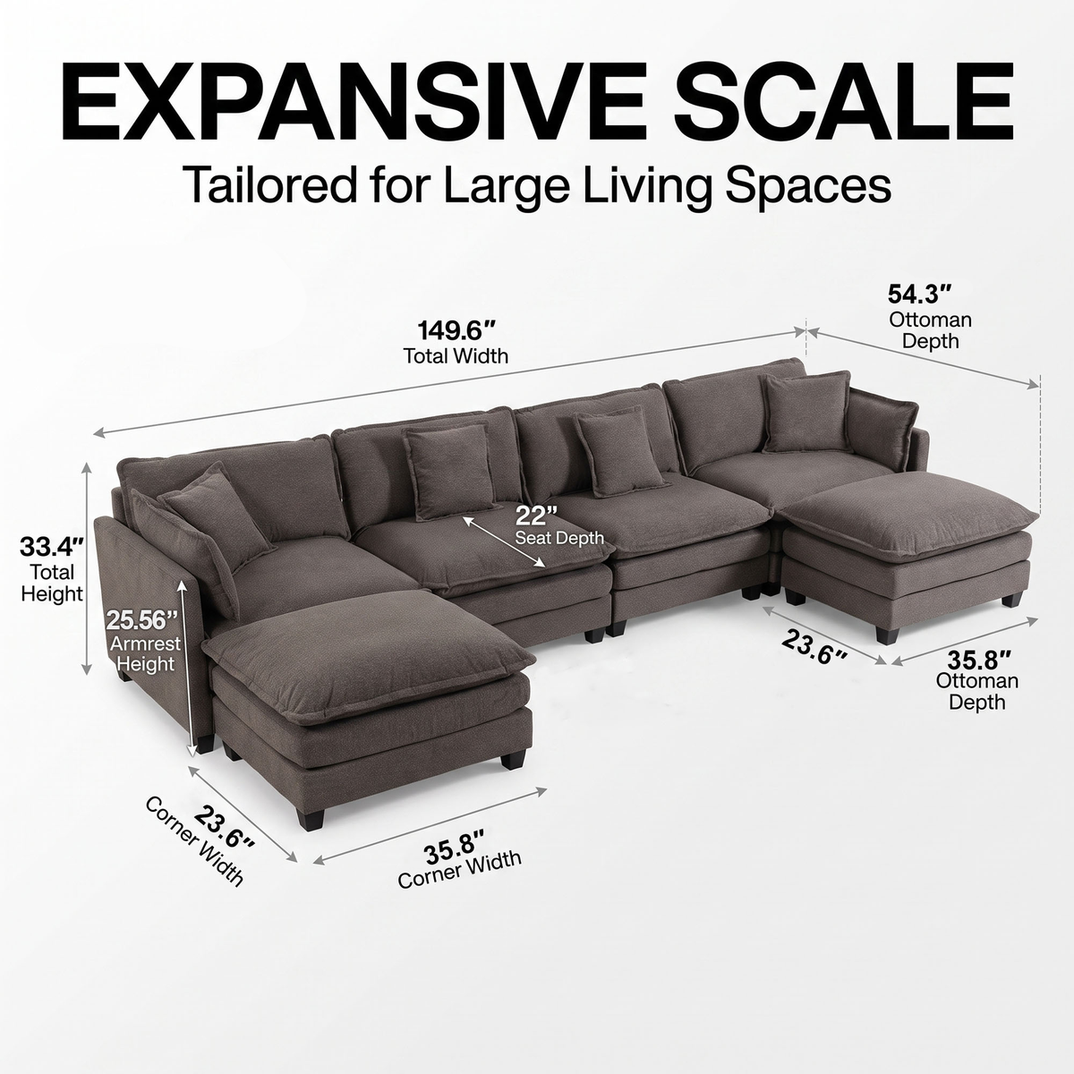 Modular Sectional Sofa, 4 Seater Couch with 2 Ottomans, Gray Deep Seat Sofa
