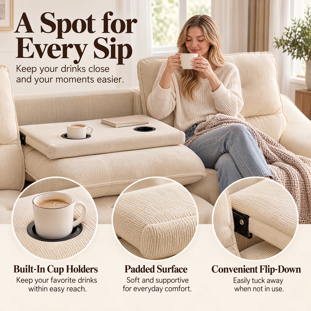 JIASTING 110" Beige Extendable Recliner Chenille Couch, Power Reclining Sofa Chaise