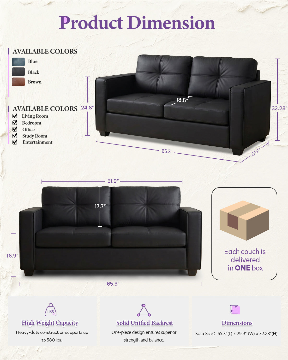 65'' Black Faux Leather Loveseat with USB, 2-Seater Living Room