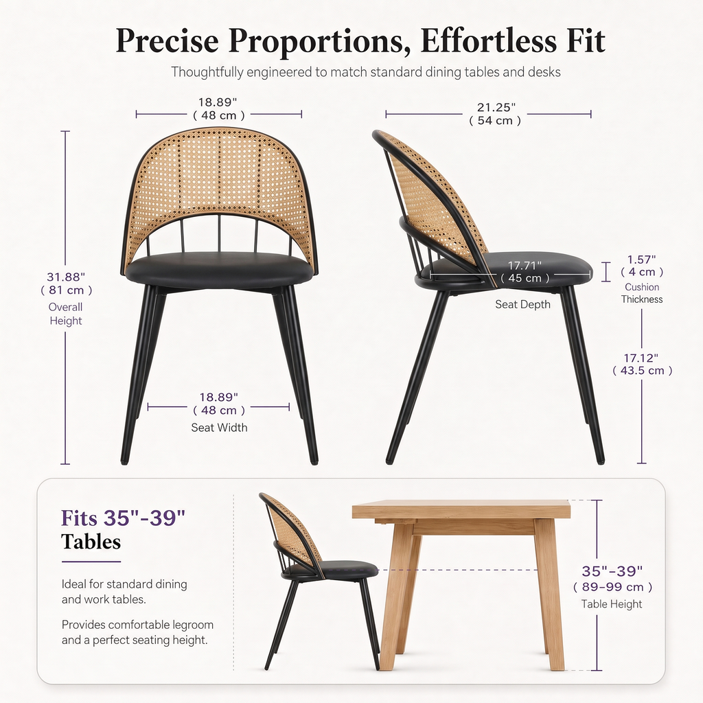 Rattan Dining Chairs Set of 4 with Upholstered Seat for Kitchen, Black