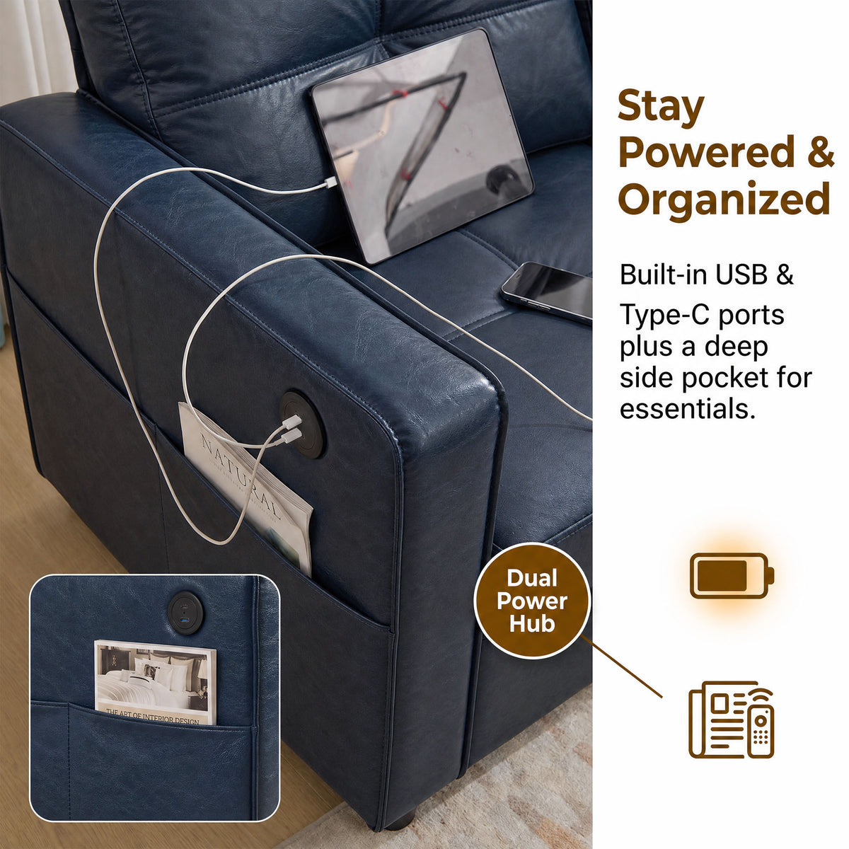 JIASTING 4-Piece Leather Living Room Set, Living Room Furniture for Office, Blue