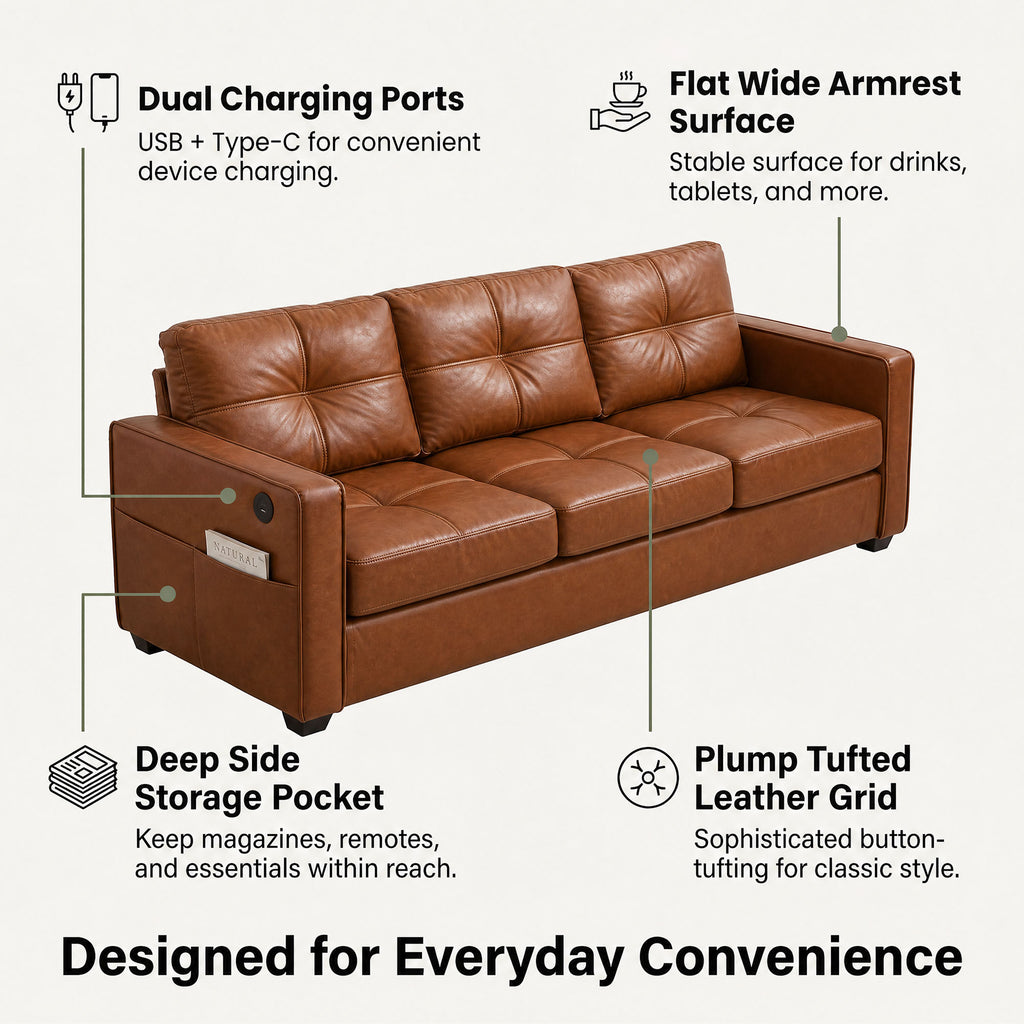 CHYMSUN 3-Piece Leather Living Room Set, Living Room Furniture for Office, Brown