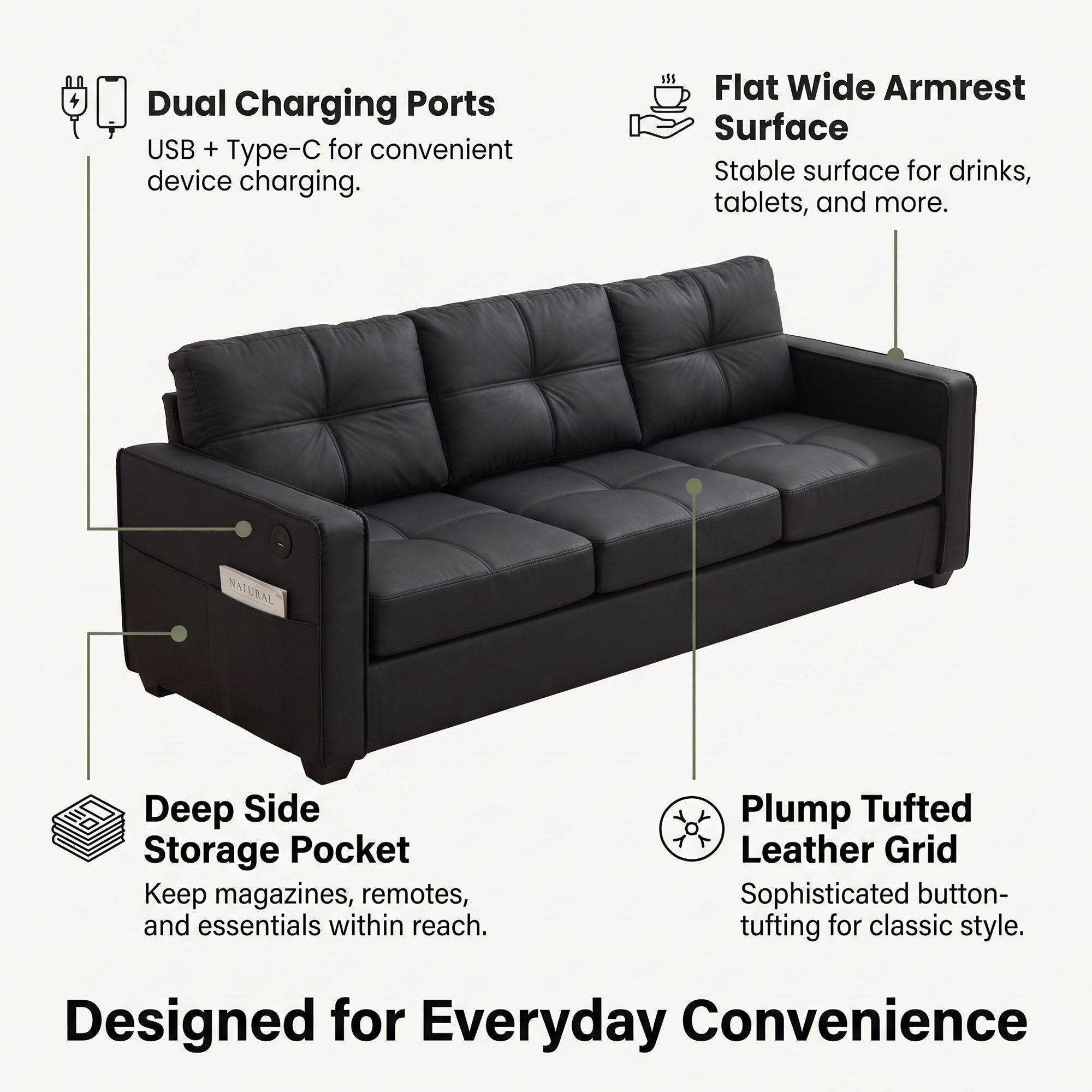 CHYMSUN 3-Piece Leather Living Room Set, Living Room Furniture for Office,Black Faux Leather Sofa, 3-Seater Couch, 2-Seater Loveseat, Oversized Chair,, USB Charging, Side Pockets, Modular Couch