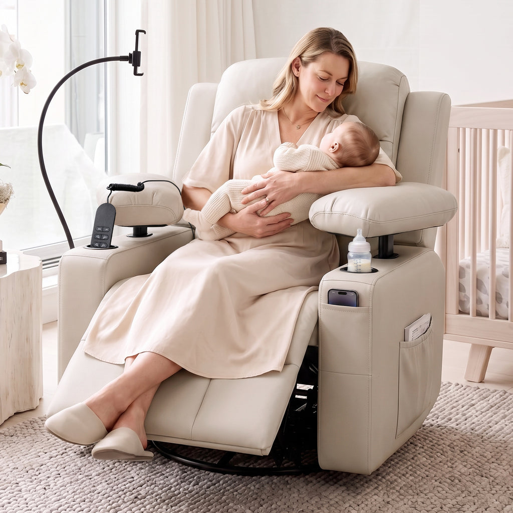 HOPUBUY Power Rocking Recliner Nursery w/Motorized Adjustable Armrests Beige White,320° Swivel M1 M2 Memory Remote Nursing Glider w/ Storage Pockets Cup Holder & Phone Holder for Breastfeeding