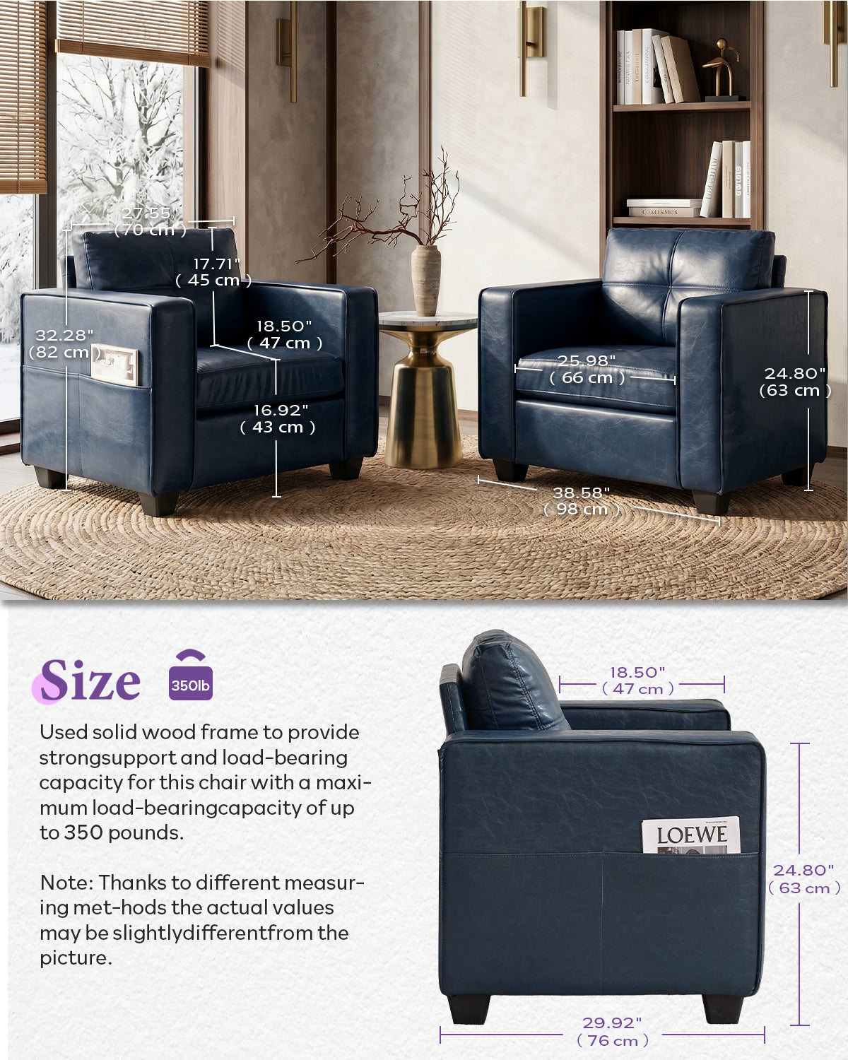 TYBOATLE Blue Faux Leather Accent Chair, Oversized Tufted Armchair with Side Pockets