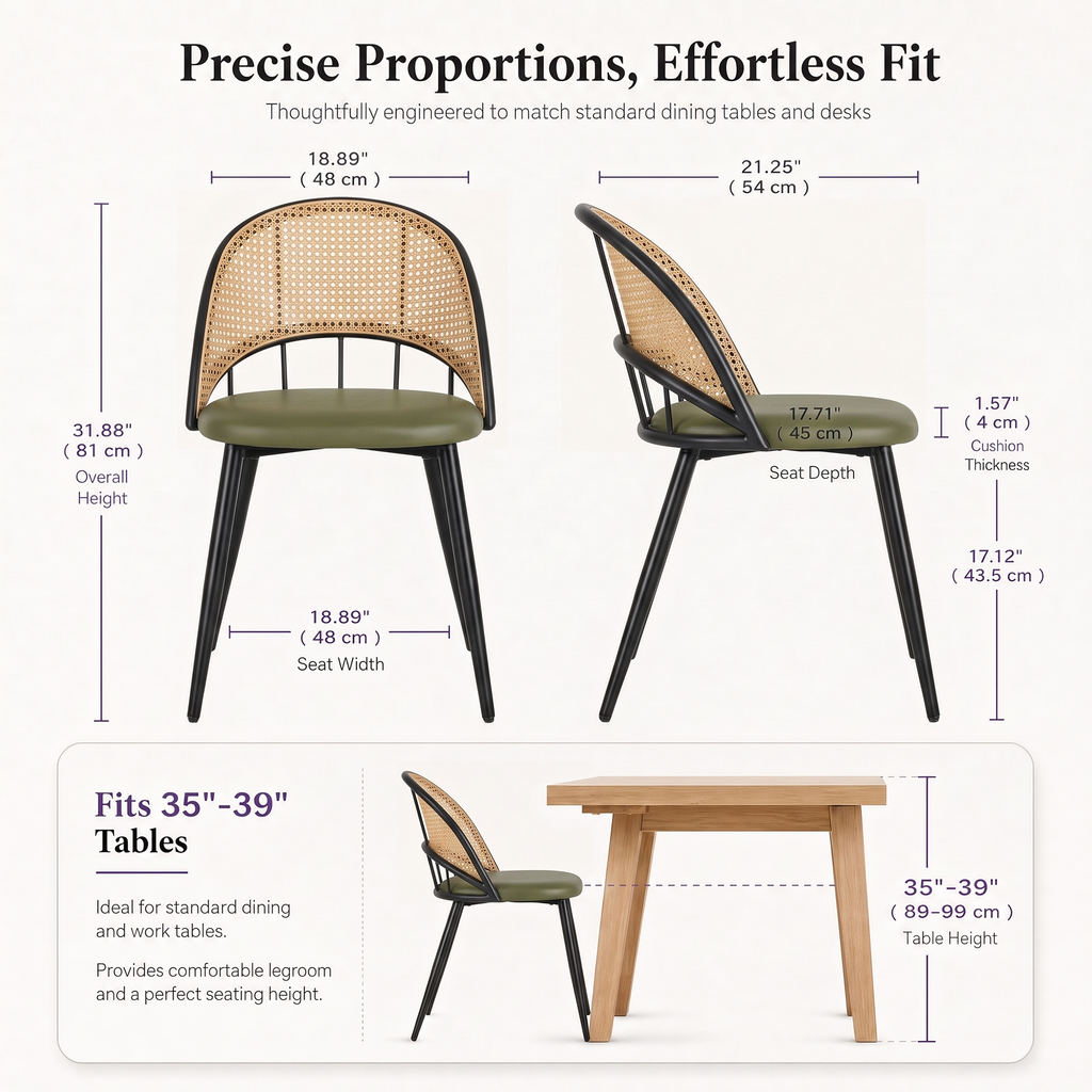 Rattan Dining Chairs Set of 4 with Upholstered Seat for Kitchen, Green