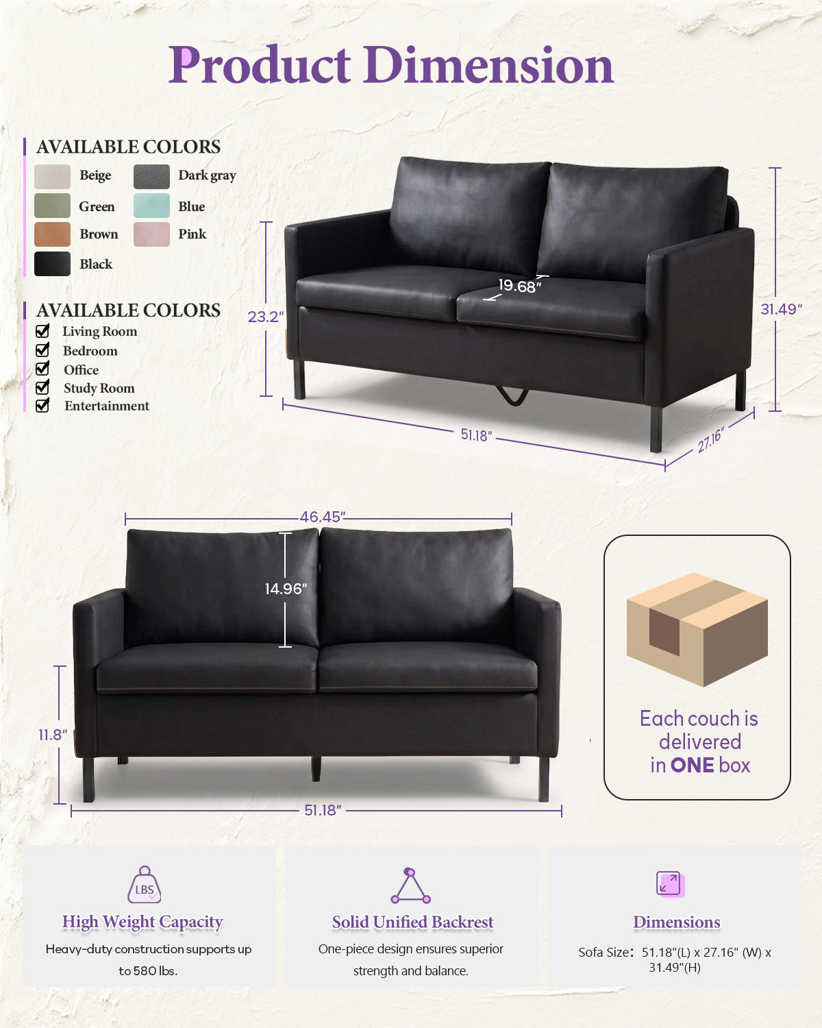 TYBOATLE Black Faux Leather Small Couch Loveseat, 2-Seater for Living Room