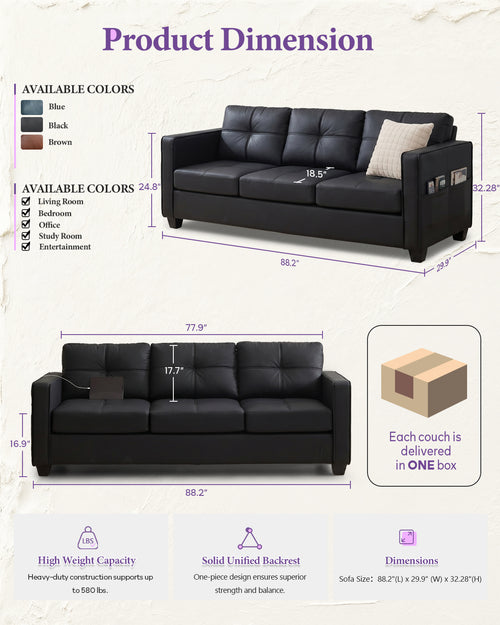 88'' Black Faux Leather Couch with USB, 3-Seater