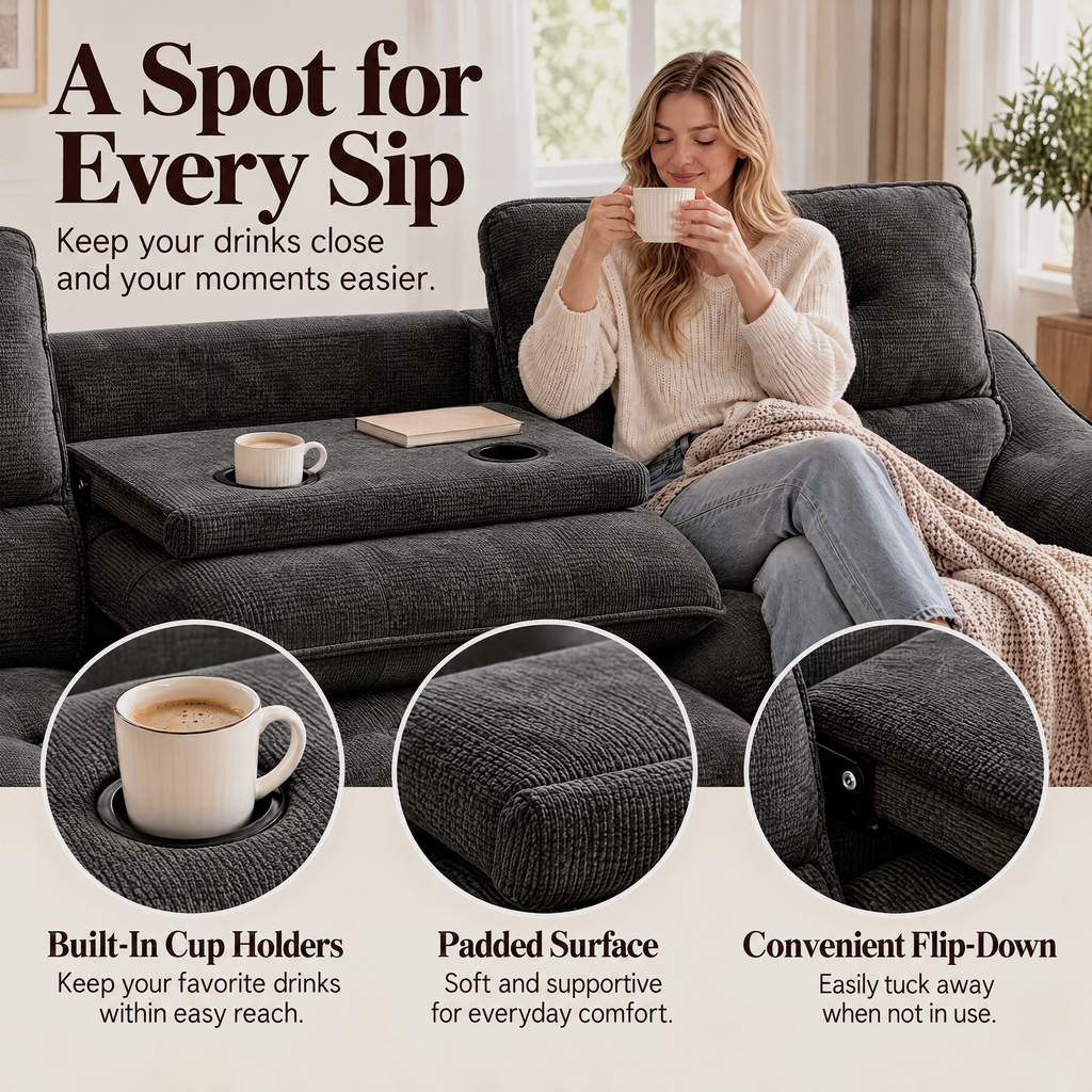 JIASTING 110" Gray Extendable Recliner Chenille Couch, Power Reclining Sofa Chaise
