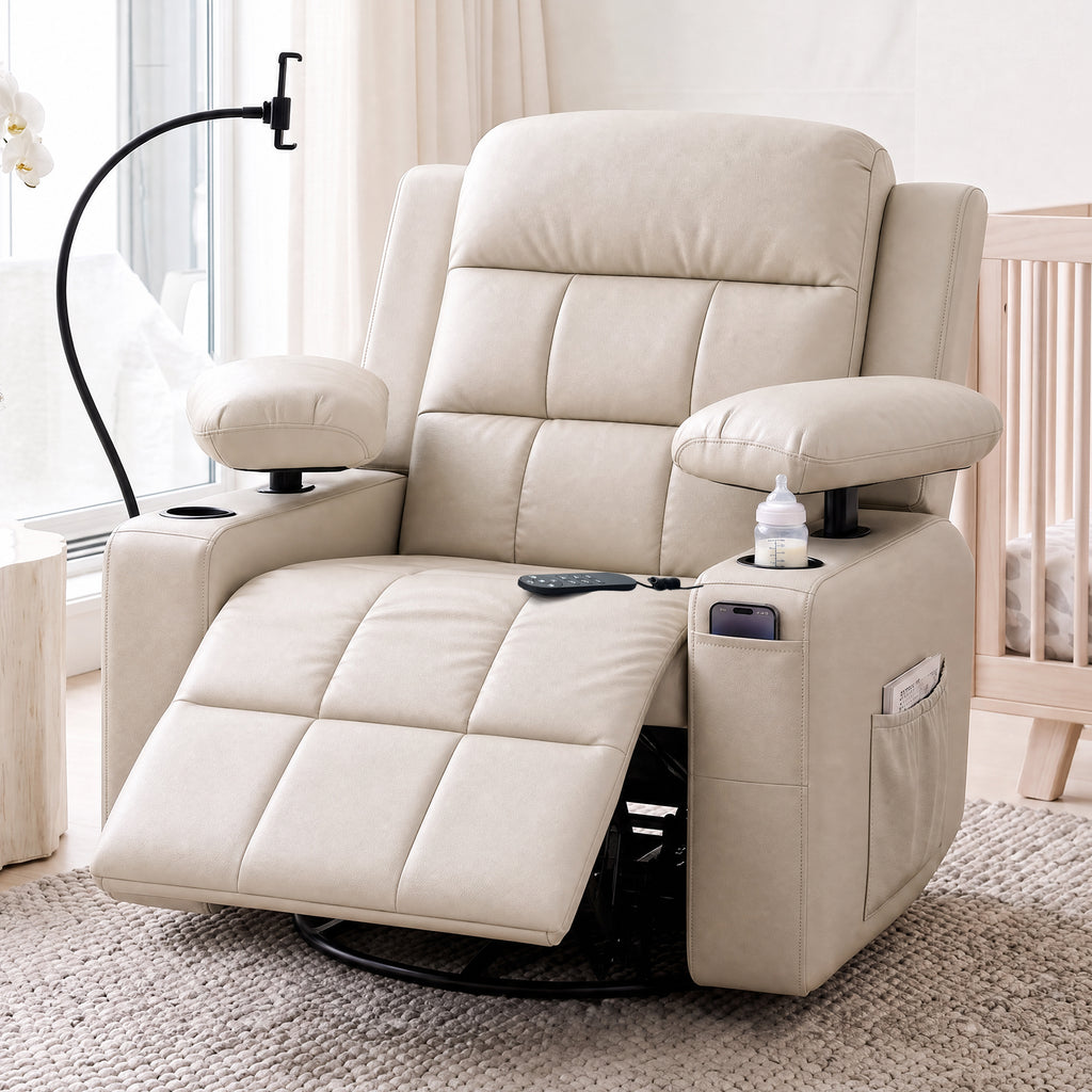 HOPUBUY Power Swivel Recliner Chair w/ Motorized Adjustable Armrests, Nursery Rocking, 320° Swivel M1 M2 Memory Remote Nursing Glider w/ Storage Pockets Cup Holder & Phone Holder for Breastfeeding