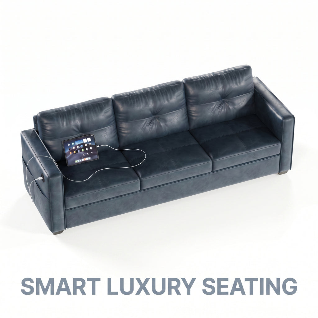 CHYMSUN 88" Faux Leather Couch w/USB Charging, 3-Seater Leather Living Room Sofa | Mid-Century Modern Leather Couch, Living Room Couch, Tufted Design, Wide Armrests, Side Storage Pockets, Office, Dorm, Blue