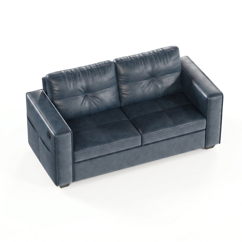 CHYMSUN 65'' Faux Leather Loveseat w/USB Charging, 2-Seater Leather Small Couch | Mid-Century Modern Leather Couch, Living Room Couch, Tufted Design, Wide Armrests, Side Storage Pockets, Office, Dorm, Blue