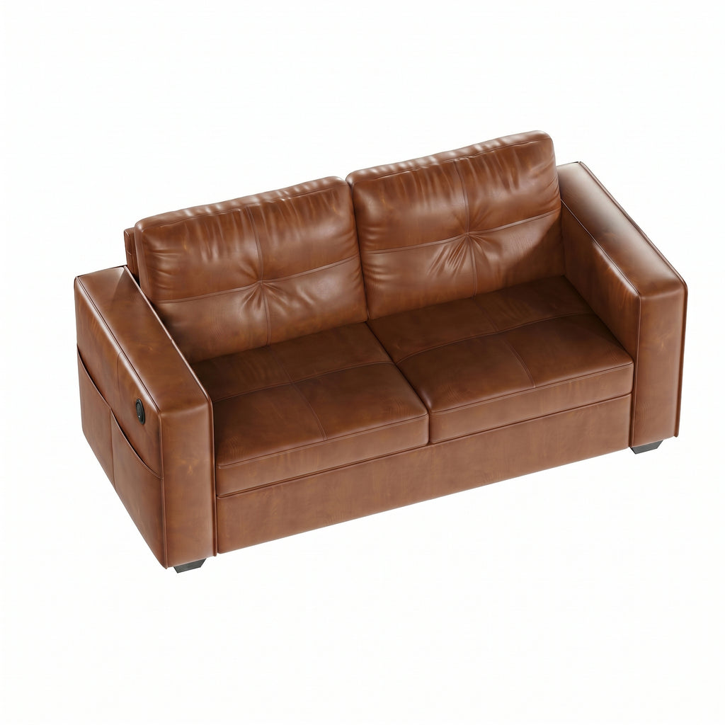 CHYMSUN 65'' Faux Leather Loveseat w/USB Charging, 2-Seater Leather Small Couch | Mid-Century Modern Leather Couch, Living Room Couch, Tufted Design, Wide Armrests, Side Storage Pockets, Office, Dorm, Brown