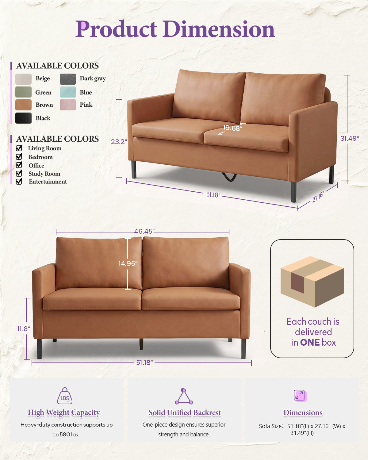TYBOATLE Brown Faux Leather Small Couch Loveseat, 2-Seater for Living Room