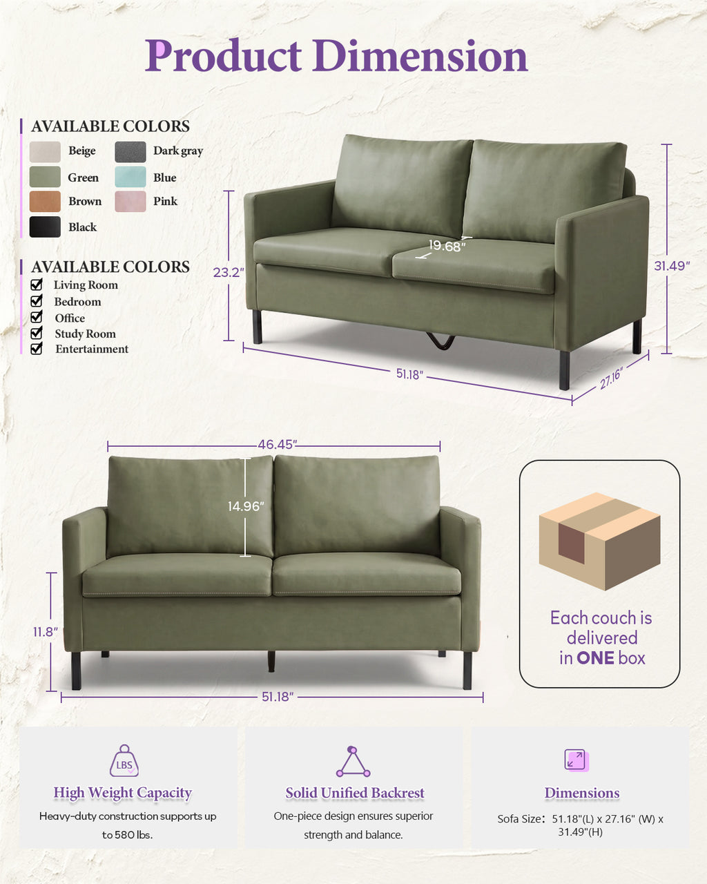 TYBOATLE Faux Leather Small Couch, 2 Seater Comfy Loveseat, Upholstered Office Sofa
