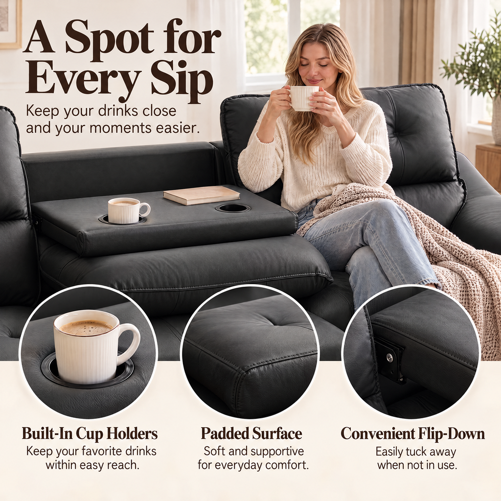 JIASTING 110" Black Extendable Recliner Leather Couch, Power Reclining Sofa Chaise