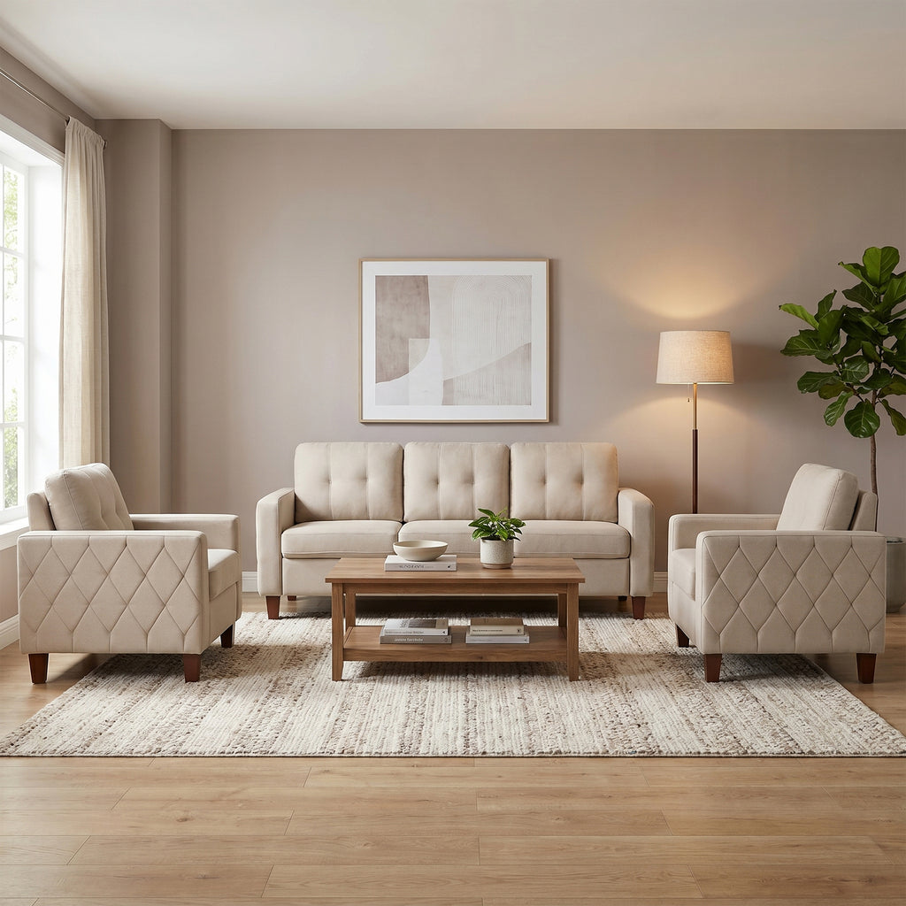 TYBOATLE 3 Piece Living Room Furniture Sets, 3 Seater Sofa and Chair Set, Cloud Couch Living Room Furniture Set, Beige Modern Sofa and Chair Set for Apartment, Home (Beige, 3+1+1)