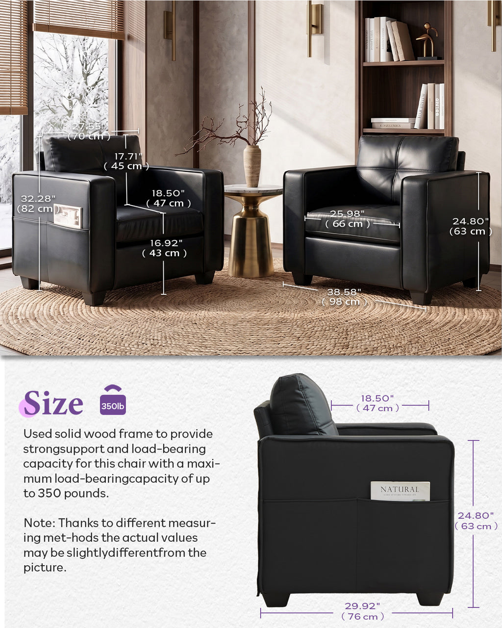 TYBOATLE  Black Faux Leather Accent Chairs Set of 2, Oversized Armchairs Living Room