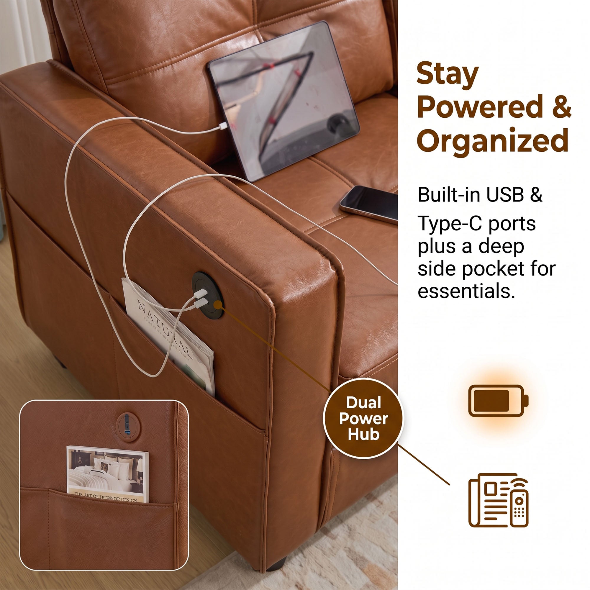 JIASTING 4-Piece Leather Living Room Set, Living Room Furniture for Office, Brown JIASTING