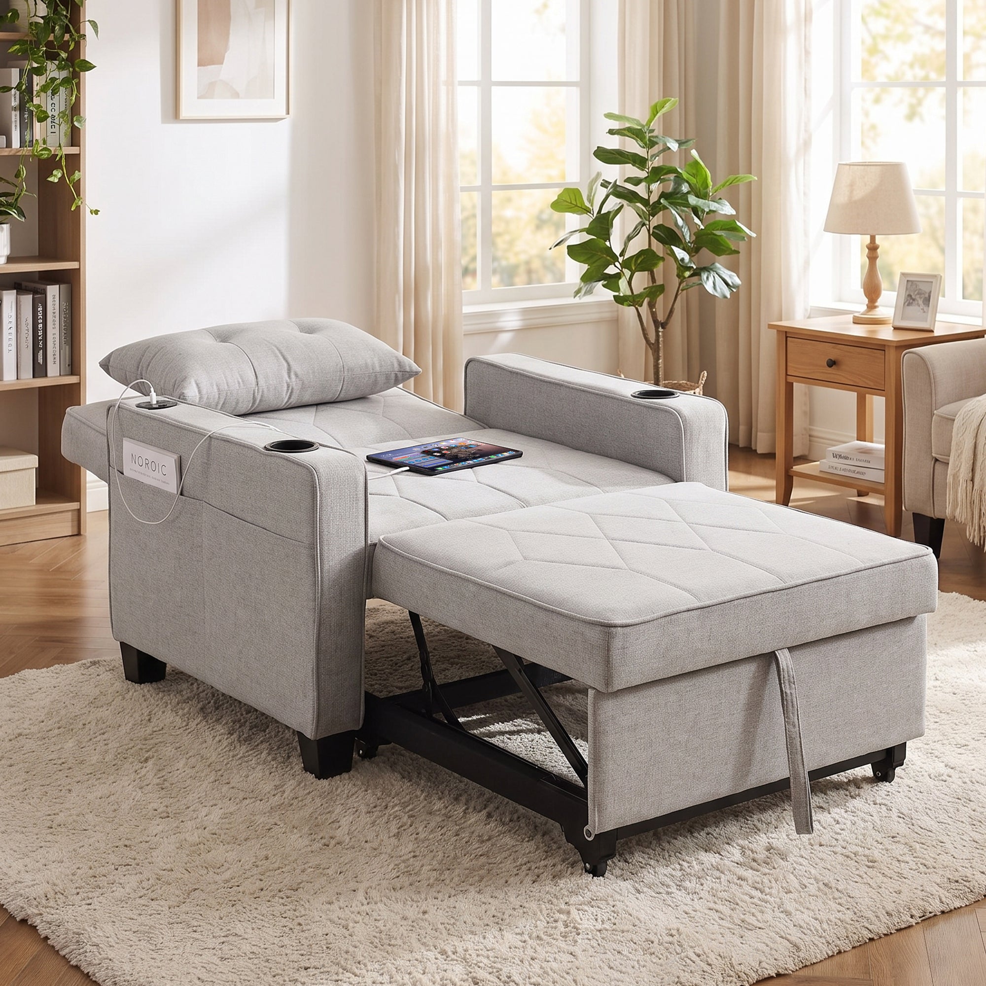 CHYMSUN Sleeper Chair for Adults, Convertible Pull Out Sofa Bed with Charging, Grey CHYMSUN, Chair Bed Sofa Chair Cup Holders, Side Pockets, Living Room, Bedroom, Apartment, Small Space