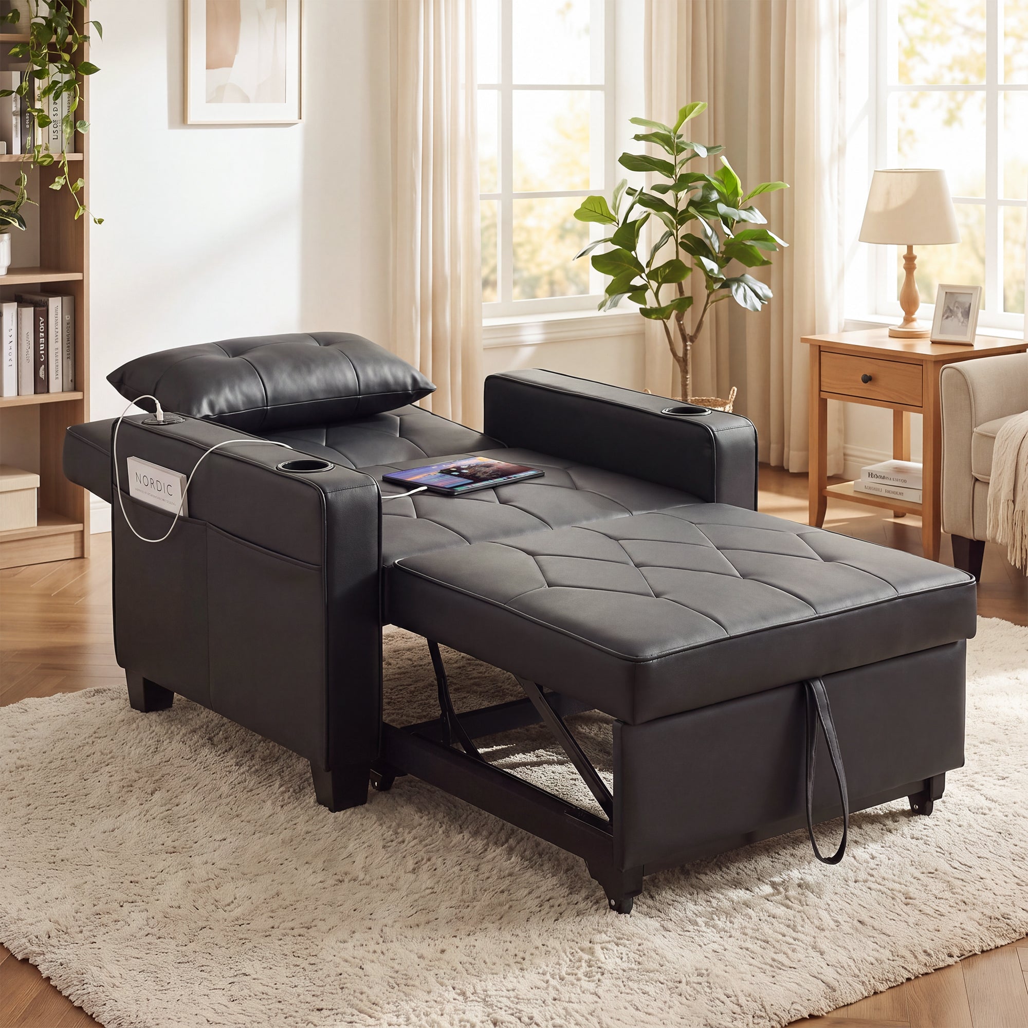 CHYMSUN Sleeper Chair for Adults, Convertible Pull Out Sofa Bed with Charging CHYMSUN, Chair Bed Sofa Chair Cup Holders, Side Pockets, Living Room, Bedroom, Apartment, Small Space