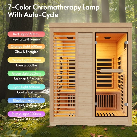 LAZZO 2-3 Person Infrared Sauna for Home, Canadian Hemlock Indoor Dry Sauna with Bluetooth Speakers, 7-Color Lighting, 2250W