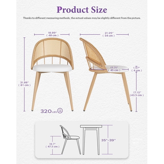 LAZZO Rattan Dining Chairs Set of 2, Mid-Century Modern Kitchen Chairs with Faux Leather Cushions and Metal Legs for Dining Room, White