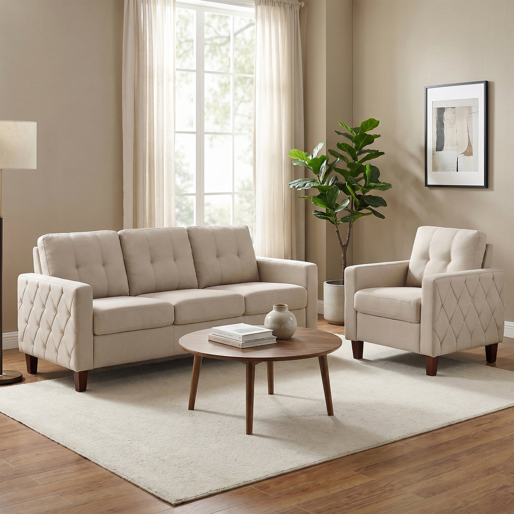 TYBOATLE 3 Piece Living Room Furniture Sets, 3 Seater Sofa and Chair Set, Cloud Couch Living Room Furniture Set, Beige Modern Sofa and Chair Set for Apartment, Home (Beige, 3+1)