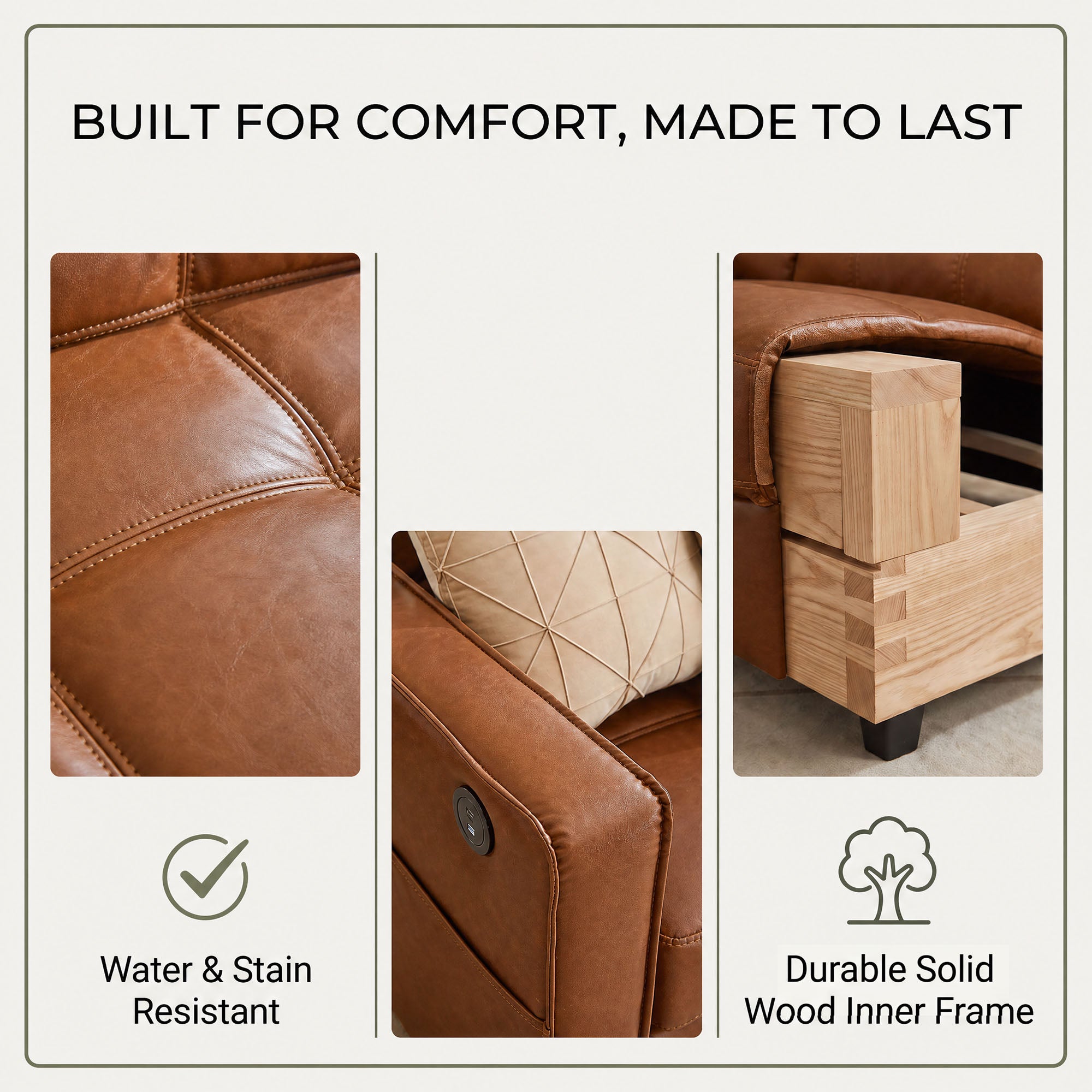 CHYMSUN 3-Piece Leather Living Room Set, Living Room Furniture for Office, Brown