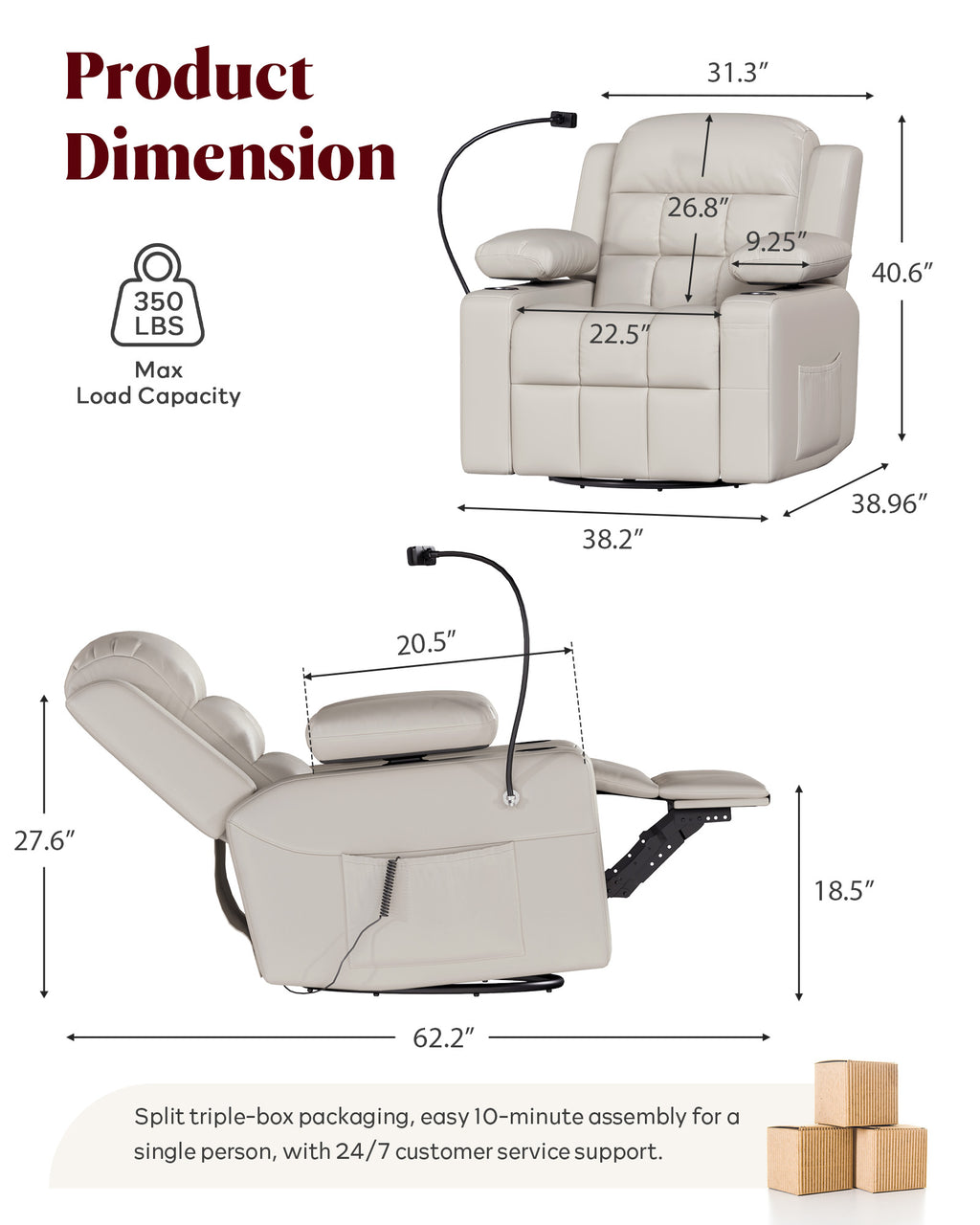 HOPUBUY Power Rocking Recliner Nursery w/Motorized Adjustable Armrests Beige White,320° Swivel M1 M2 Memory Remote Nursing Glider w/ Storage Pockets Cup Holder & Phone Holder for Breastfeeding