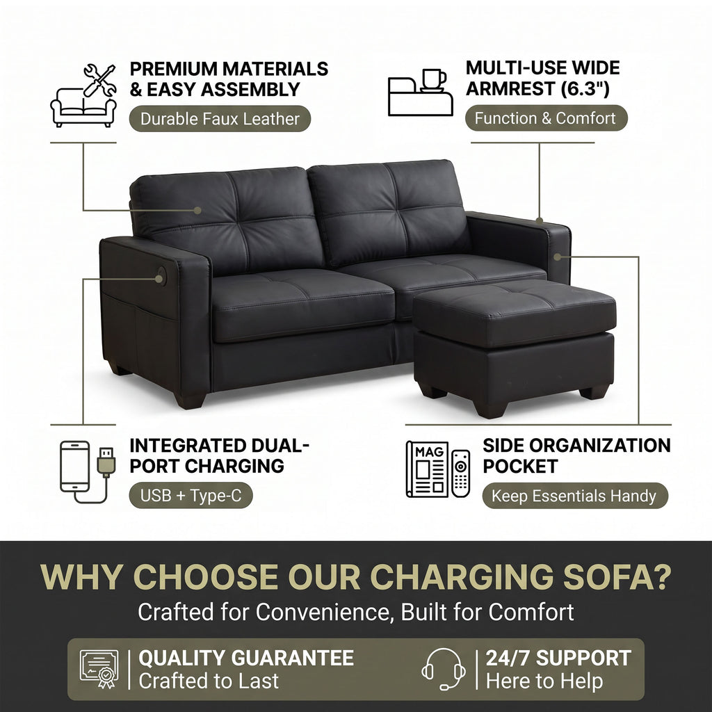 CHYMSUN 4-Piece Leather Living Room Set, Living Room Furniture for Office, Black Faux Leather, 3-Seater Couch, 2-Seater Loveseat, Oversized Chair, Ottoman, USB Charging, Side Pockets