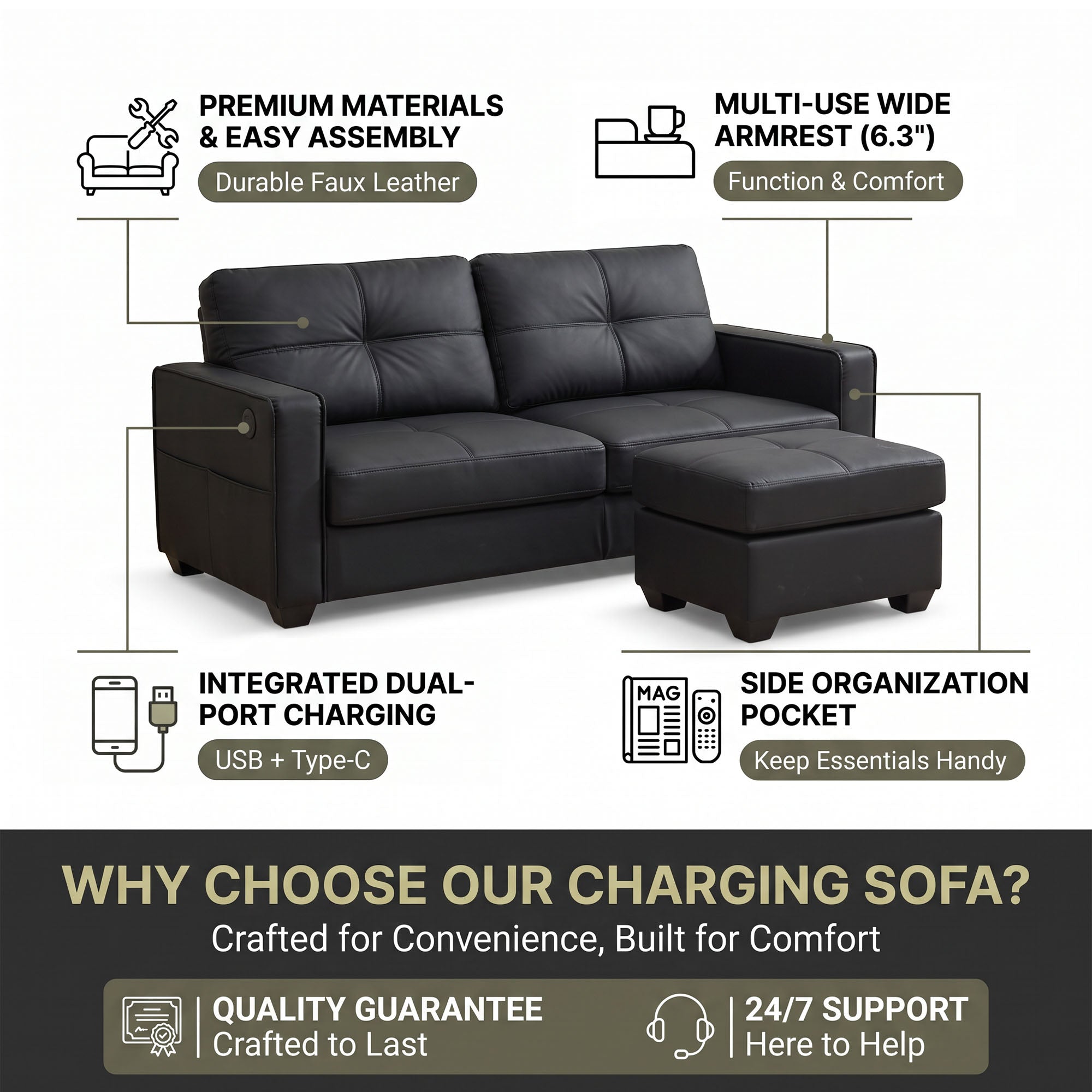 CHYMSUN 4-Piece Leather Living Room Set, Living Room Furniture for Office, Black Faux Leather, 3-Seater Couch, 2-Seater Loveseat, Oversized Chair, Ottoman, USB Charging, Side Pockets