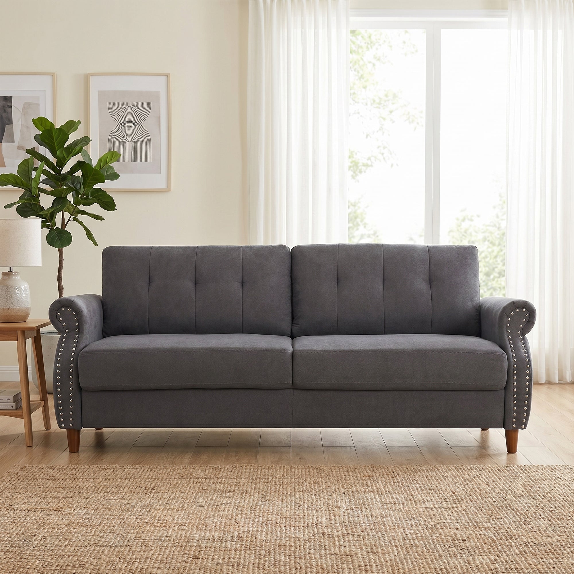 Fully Assembled Loveseat Sofa with Rivets, Wood Legs, Living Room (Grey) | 2 seater love seat sofa, rivet arm design, solid wood legs, wooden frame, small couch for living room apartment bedroom, grey