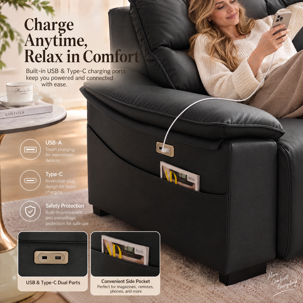 JIASTING 110" Black Extendable Recliner Leather Couch, Power Reclining Sofa Chaise