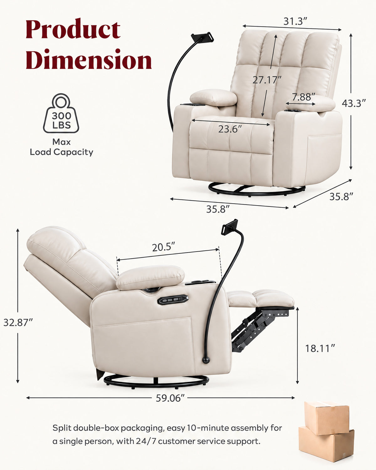 HOPUBUY Power Rocking Recliner Nursery w/Adjustable Armrest Lumbar Headrest Charging Night Light Smart Cup Holder, Modern Swivel Rocker ,Nursing Glider Chair for Breastfeeding Living Room