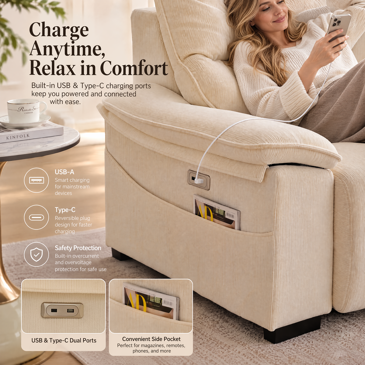 JIASTING 110" Beige Extendable Recliner Chenille Couch, Power Reclining Sofa Chaise