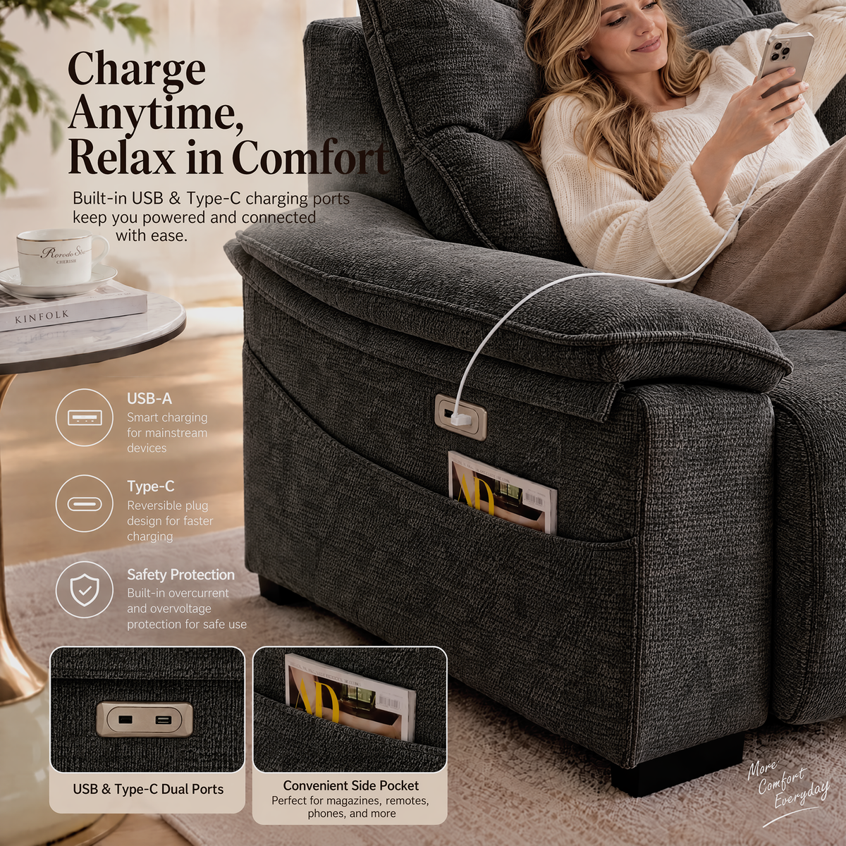JIASTING 110" Gray Extendable Recliner Chenille Couch, Power Reclining Sofa Chaise