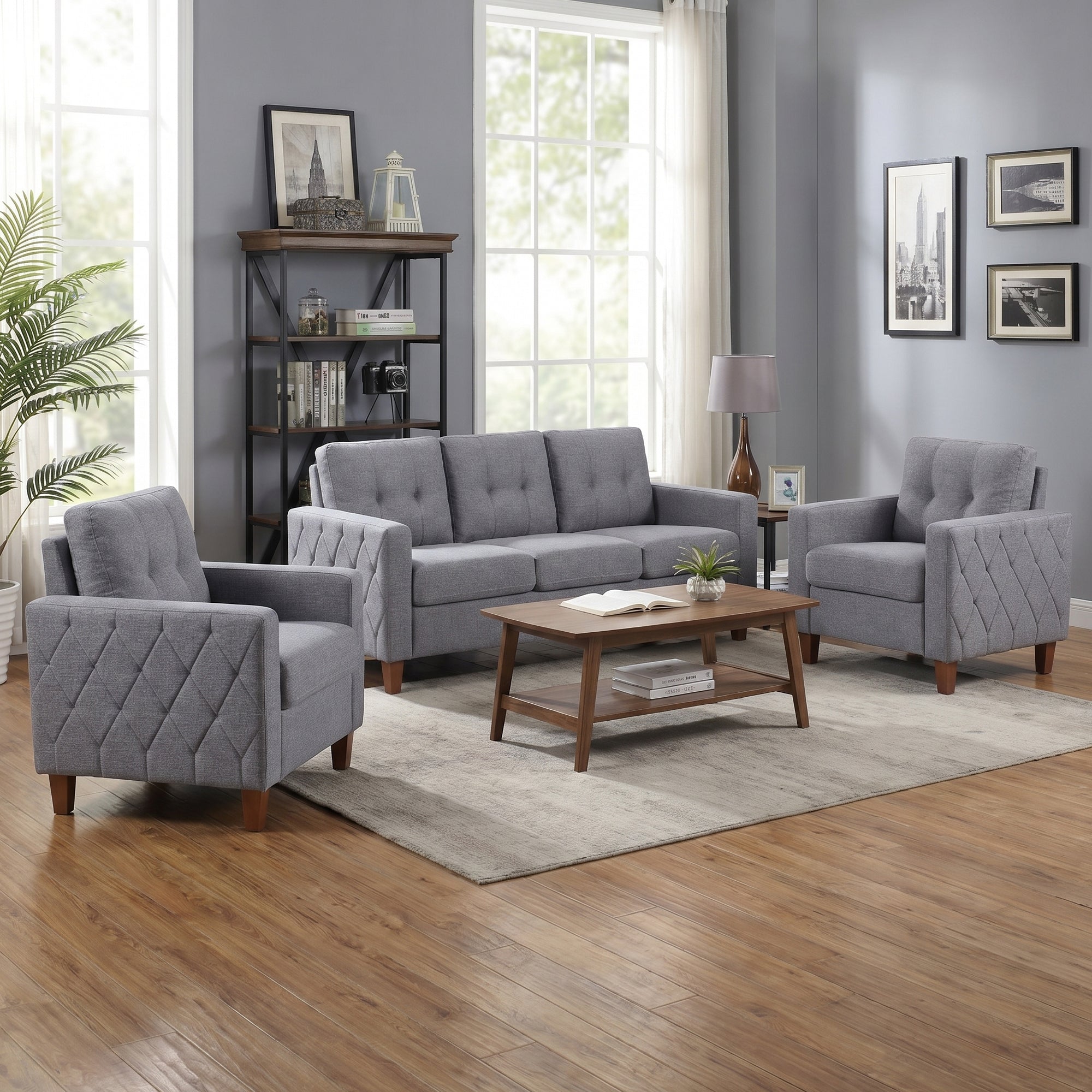 TYBOATLE 3 Piece Living Room Furniture Sets, 3 Seater Sofa and Chair Set, Cloud Couch Living Room Furniture Set, Grey Modern Sofa and Chair Set for Apartment, Home (Grey, 3+1+1)