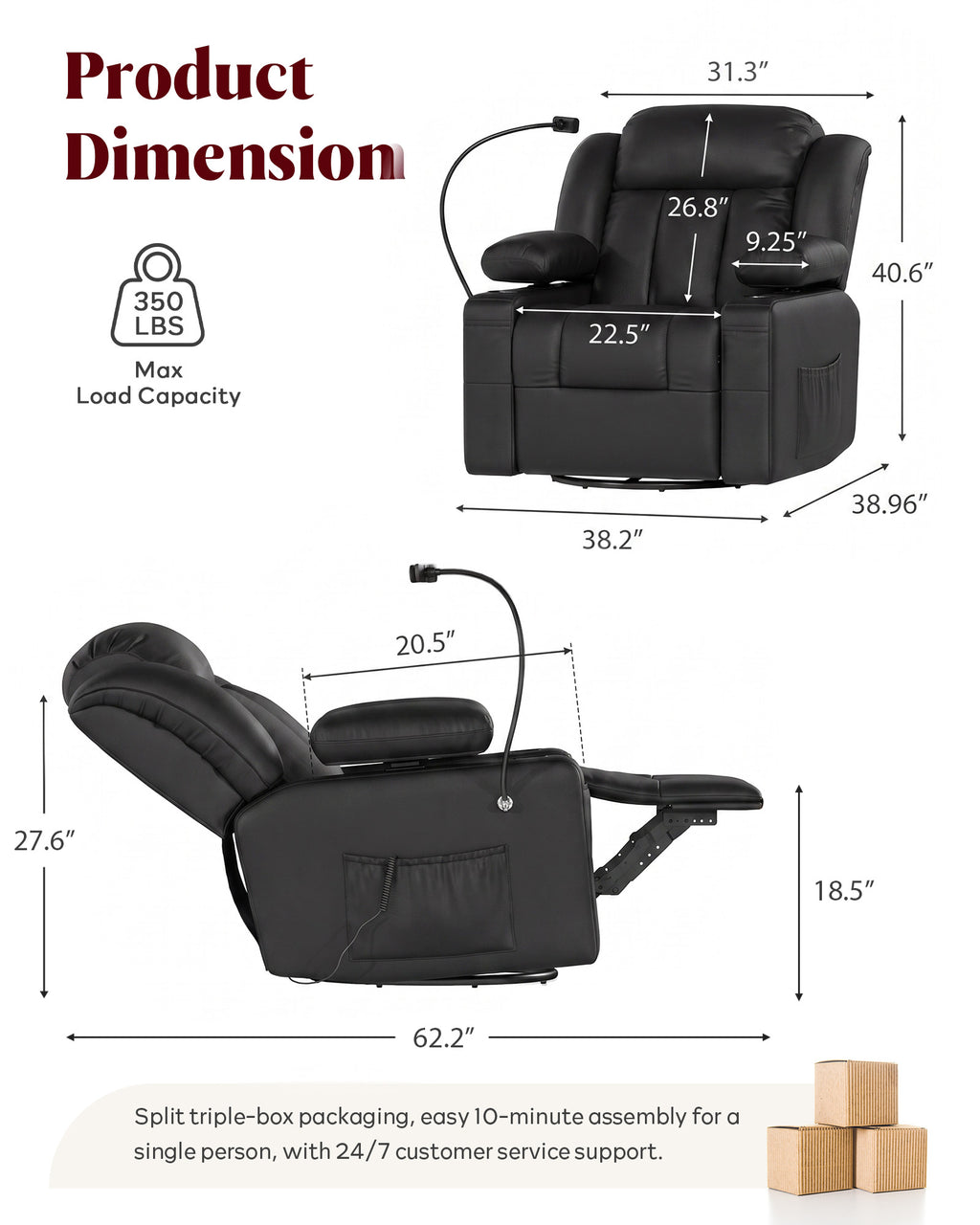 HOPUBUY Power Leather Home Theater Recliner w/Motorized Adjustable Armrests 320° Swivel M1 M2 Memory Remote Oversized Movie Theater Chair w/ Storage Pockets Cup Phone Holder for Living Room