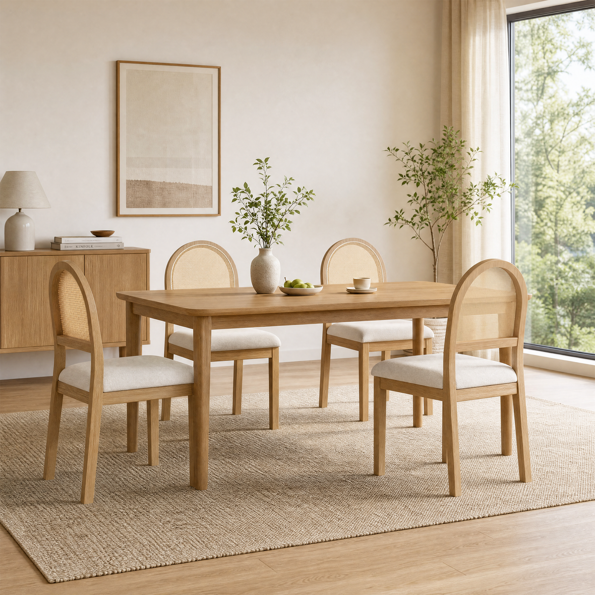 JIASTING Upholstered Rattan Dining Chairs Set of 4, Farmhouse Modern Kitchen Chairs