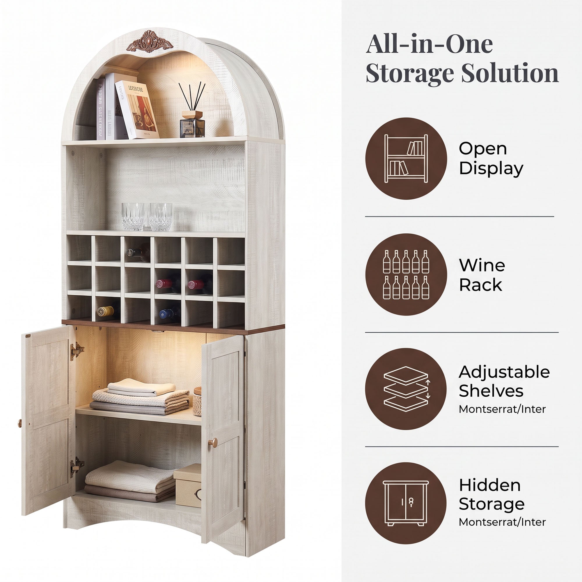 CHYMSUN 71’’ Arched Bar Cabinet with 18-Bottle Wine Rack, Liquor Storage Cabinet