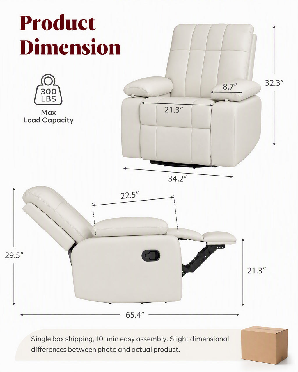 HOPUBUY Manual Nursery Rocking Recliner with Adjustable Armrests, White 360° Swivel Glider, 0–90° Foldable Armrests, Built-in Footrest, Modern 135° Reclining Chair for Nursing Breastfeeding Bedroom