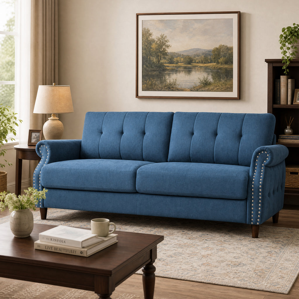 Fully Assembled Loveseat Sofa with Rivets, Wood Legs, Living Room (Blue) | 2 seater love seat sofa, rivet arm design, solid wood legs, wooden frame, small couch for living room apartment bedroom, blue