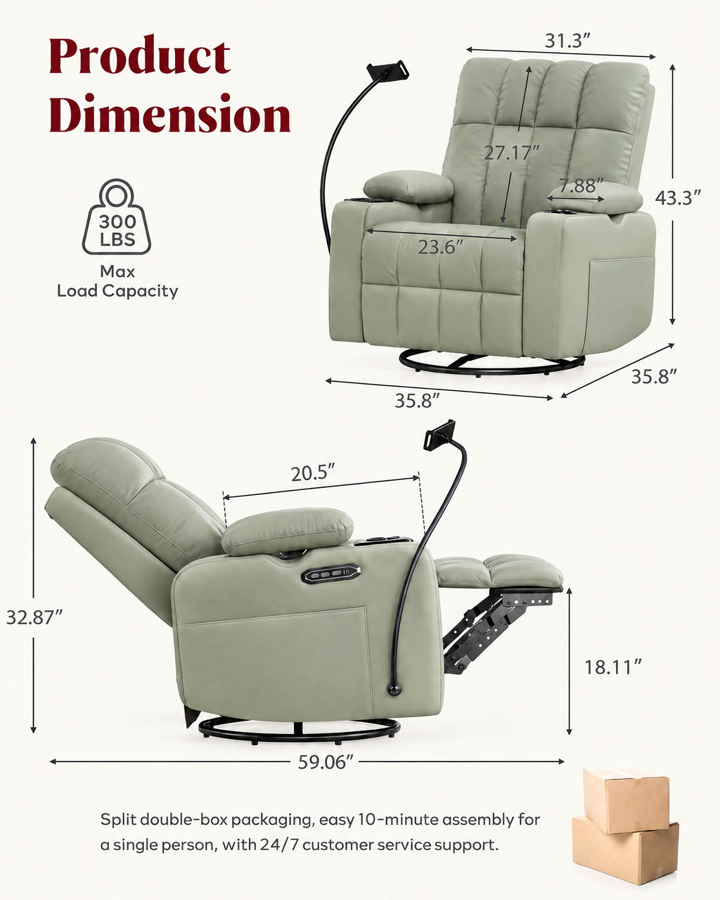 HOPUBUY Power Rocking Recliner Nursery w/Adjustable Armrest Lumbar Headrest Charging Night Light Smart Cup Holder, Modern Swivel Rocker ,Nursing Glider Chair for Breastfeeding Living Room