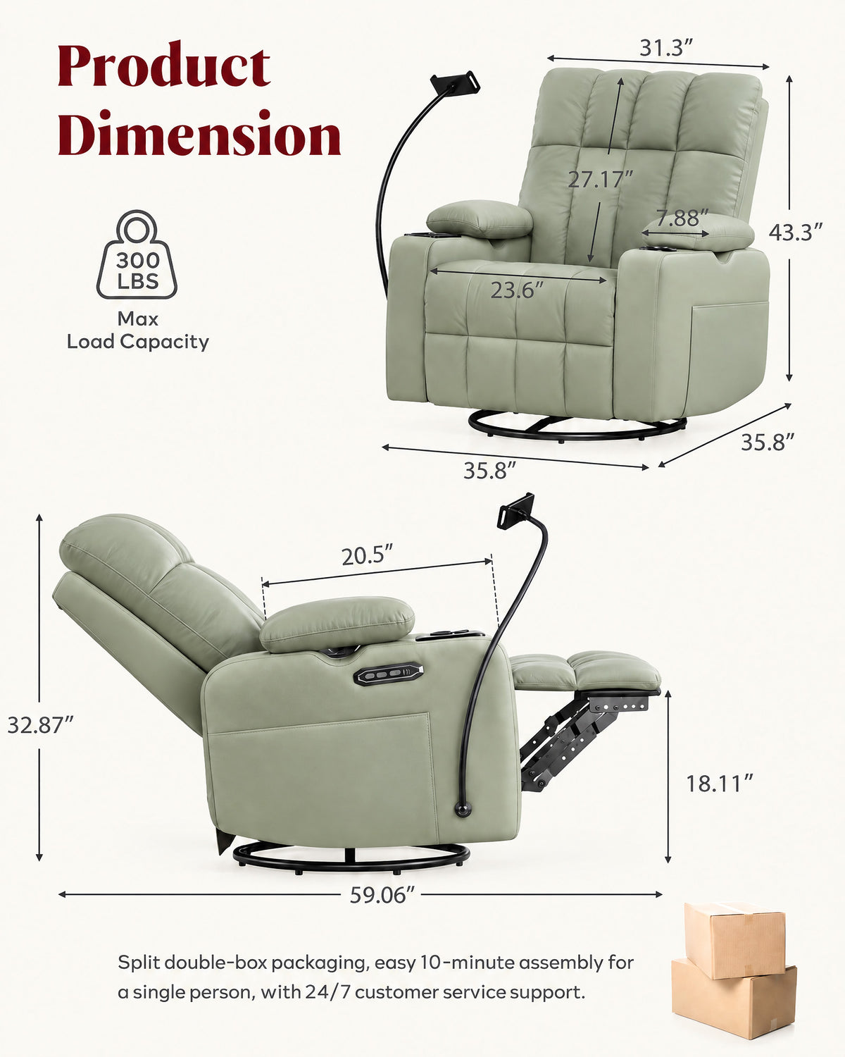 HOPUBUY Power Rocking Recliner Nursery w/Adjustable Armrest Lumbar Headrest Charging Night Light Smart Cup Holder, Modern Swivel Rocker ,Nursing Glider Chair for Breastfeeding Living Room
